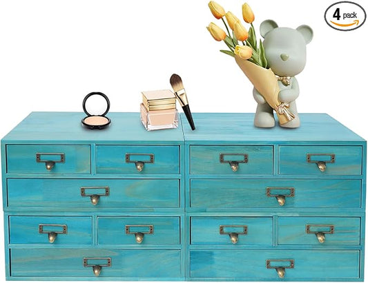 4 Pcs Vintage Desktop Organizer Set, Wooden 12 Drawer Storage Cabinets with Metal Handles & Label Slots, Stackable Apothecary Chest for Office, Herb, Tea, Jewelry and Stationery Organization (Blue) by Unknown