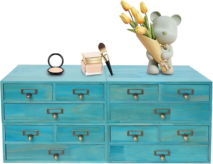 Wooden Desktop Organizer, 3 Tier Tabletop Storage Cabinet with 12 Drawers Composable Four-Piece Set & Metal Handles Modular Stackable Desktop Apothecary Cabinet for Home Offices Schools (Blue) by Unknown