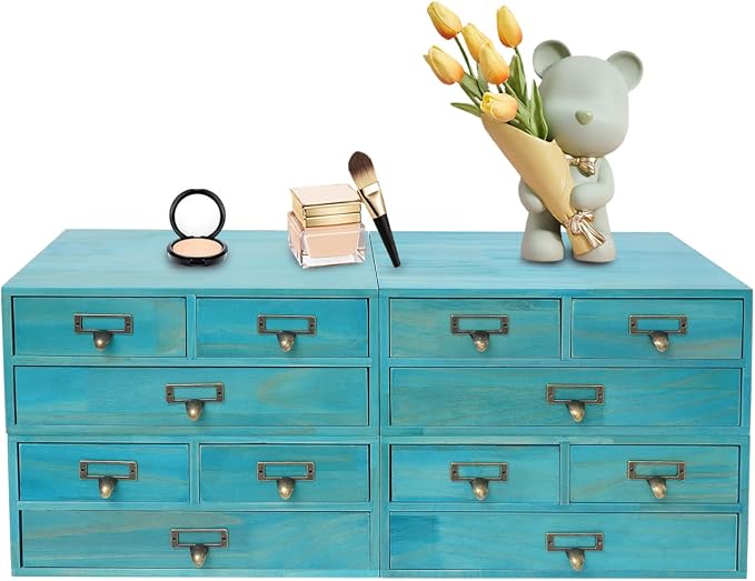 4-Pack Wooden Storage Box with 3 Drawers, Vintage Desktop Organizer Apothecary Cabinet Stackable Drawers with Label Holders for Herb Storage, Tea Collection, Stationery by Uphilltool