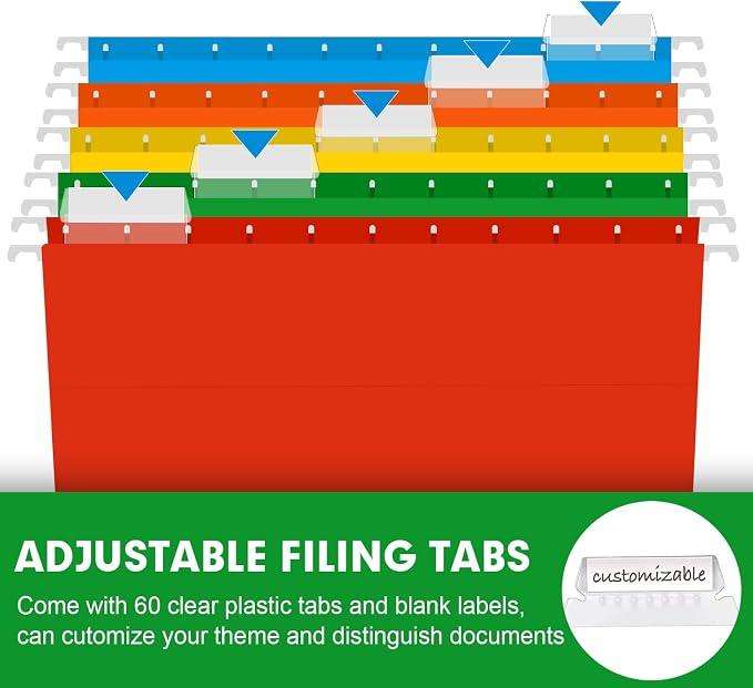 Extra Capacity Hanging File Folders, RAZCC 60 Pack Letter Size Reinforced Hanging Folders with Heavy Duty 1 Inch Expansion for Bulky Files, Filing Cabinet, Adjustable Tabs, Assorted Colors - Image 6