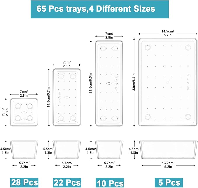 Manalete Drawer Organizers Set of 65, 4 Sizes Clear Plastic Drawer Organizers and Storage Bins for Kitchen, Bathroom, Office, Dresser Desk Drawer Organizer Tray for Jewelry, Makeup, Junk, Gadgets - Image 2