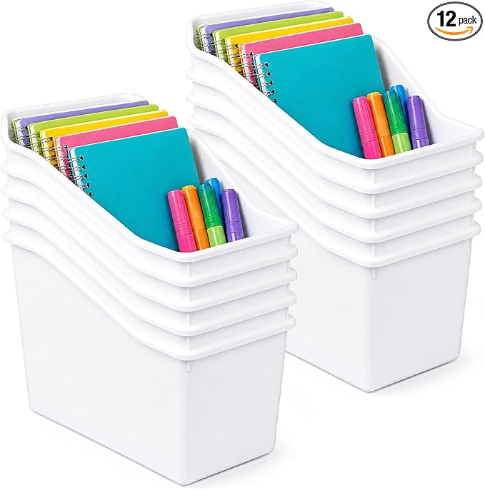 12 Pcs Book Bins for Classroom Plastic Binder Holder Magazine Stuff Folder File Organizer Box for Home Office School Supplies (White) by Fuutreo