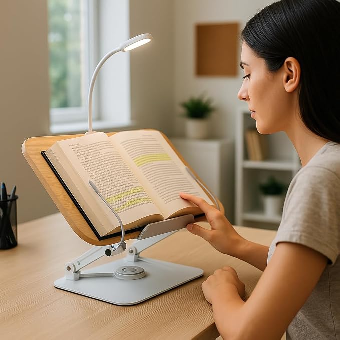 Cook Book Stand Adjustable Book Holder Tray and Page Paper Clips-Cookbook Reading Desk Portable Stable Hard-Wearing Lightweight Bookstand-Textbooks Books, Book Stand Book Holder For Reading Hands Free - Image 2
