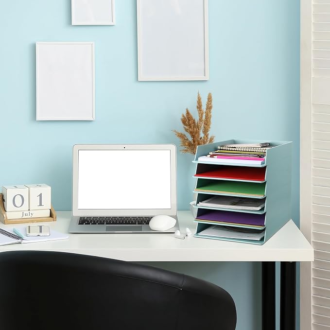 Tatuo 6 Pack Stackable Paper Trays Plastic Letter Tray Desk Organizer Paper Holder Organizer Storage Office Desk Accessories for Classroom Magazine File Documents 12.8 x 9.45 x 1.97, Blue Green - Image 6