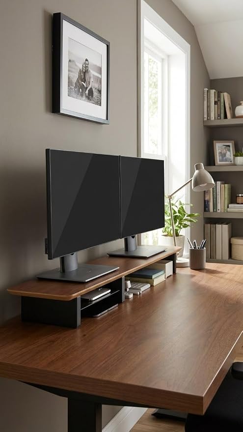 Walnut Monitor Stand for Desk (44 Inch) Large Monitor Stands for 2 Monitors, Desk Shelf for Top of Desk Walnut Monitor Shelf - Image 6