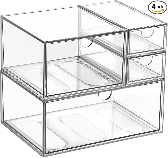 Makeup Drawer Organizer, Desk Drawer Organizer With 4 Drawers, 3 Different Sizes, Suitable For Office Desk, Bathroom, Bedroom, Jewelry, Stationery, Handicraft Storage And Organization, clear by WUHUME