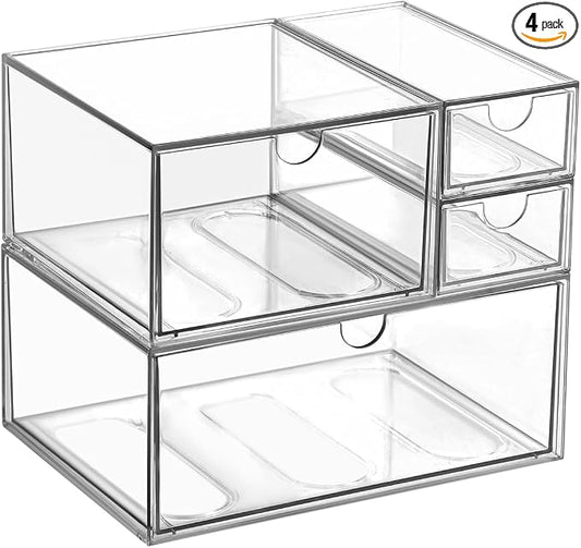 Makeup Drawer Organizer, Desk Drawer Organizer With 4 Drawers, 3 Different Sizes, Suitable For Office Desk, Bathroom, Bedroom, Jewelry, Stationery, Handicraft Storage And Organization, clear by WUHUME