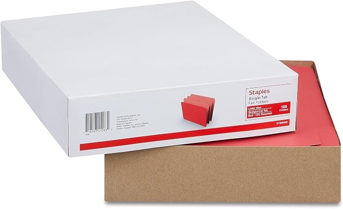 Staples Straight‑Cut Top‑Tab File Folders, Letter Size, Red, Durable Paper Stock, 100/Box - Image 5