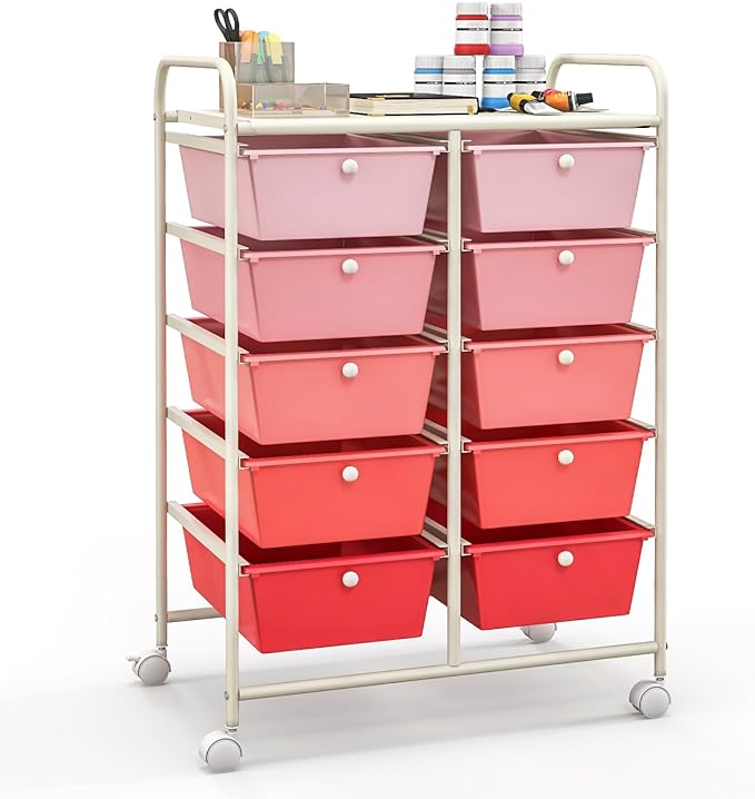 Moccha 10-Drawer Rolling Storage Cart - Under Desk Storage Drawers with wheels for Craft Art Supply Paper Salon, Scrapbook Paper Tools, Mobile Utility Cart for Classroom, Gradient Pink - Image 4