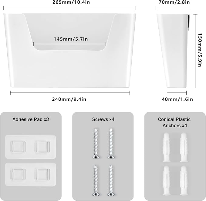JOMOLA No Drilling File Holder 2 Pack Mail Organizer Wall Mount File Organizer Holder Office Wall Hanging Files Magazines Organizer Plastic Door Mount Wall Pocket with Adhesive Pad, White Color - Image 2