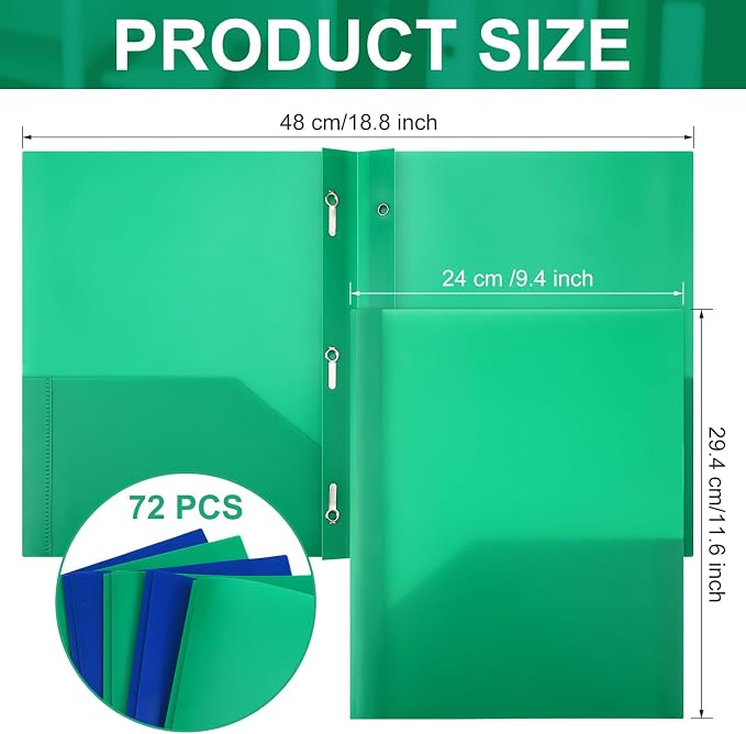 Cholemy 72 Packs Pocket Folders with Prongs Heavy Duty Plastic Folder with Business Card Slot 3 Prong Fasteners for School Office (Blue,Green) - Image 2