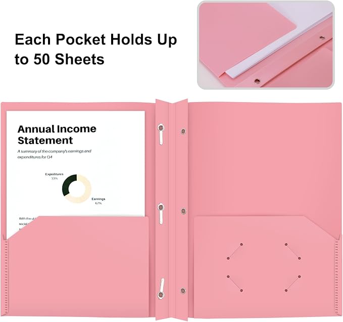 ViVin 12-Pack Durable 3-Prong Plastic Folder, Heavy Duty Pocket Folder with Brads, Pastel Color, Letter Size Poly Folders with 2 Pockets, Cute Folders for Kids, Students, Teachers and Officer (Pink) - Image 3