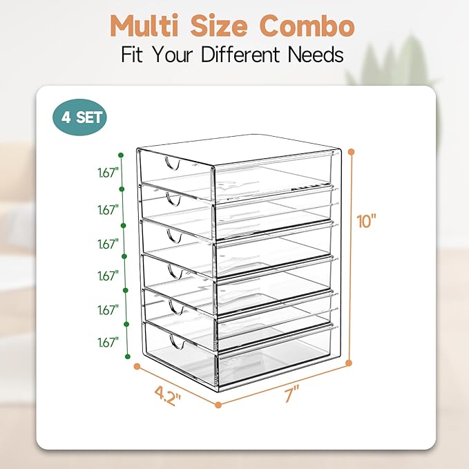DOMNIU Acrylic Makeup Drawer Storage Organizer with 24 Drawers, 4 Set | Office Desk Organization and Storage, Dustproof Drawer Organizer for Makeup, Countertop, Jewelry, Desktop, Bathroom, Bedroom - Image 3