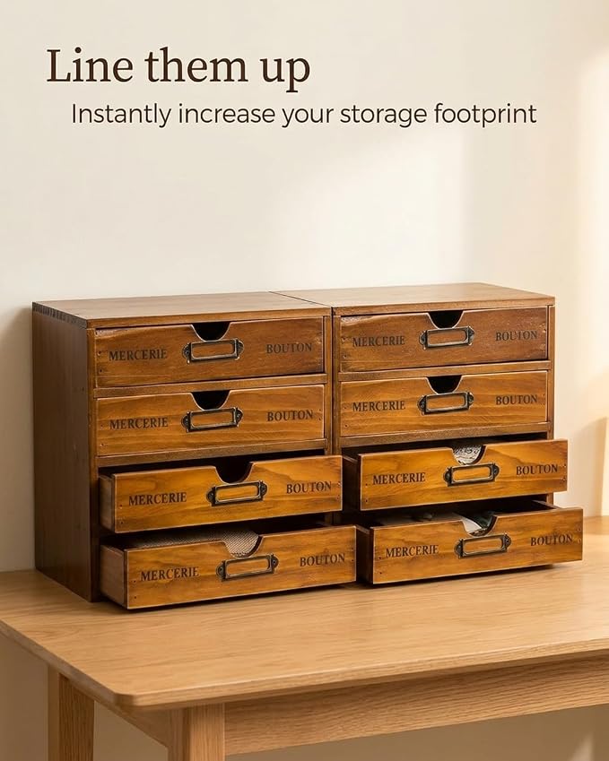 Modular Stackable Apothecary Cabinet 4 Drawer Desk Organizer - Retro Library Card Catalog Wood Storage Box - Organize Stationery, Thread Embroidery, Sewing, Crafts, Junk Drawer & Supplies Countertop - Image 8