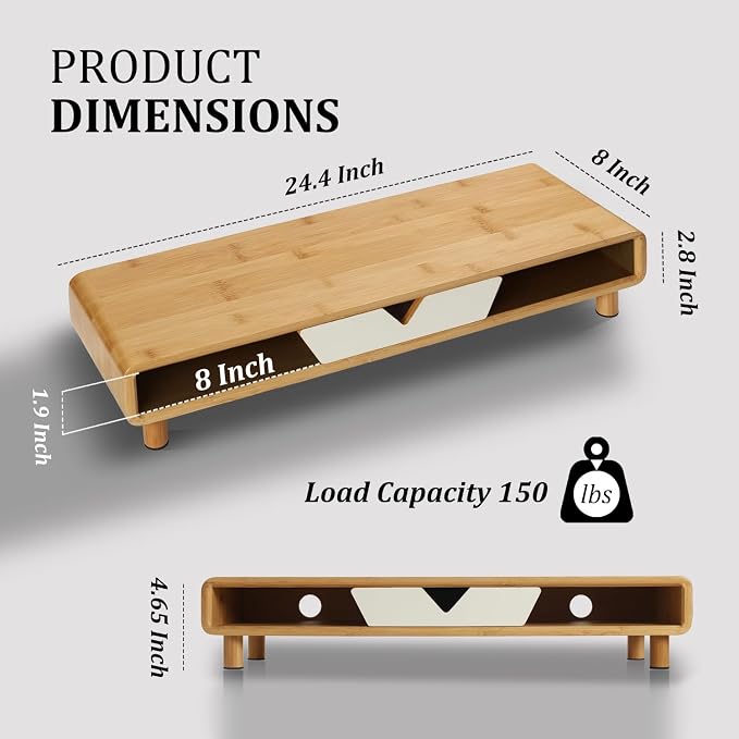 Homerays Monitor Stand with Drawer, Exquisite Computer Monitor Stand for Desk, Ergonomic Wood Monitor Stand Riser for Computer,Laptop,Printer,TV,Bamboo,White - Image 2
