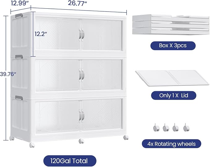 360QT Extra Large Stackable Storage Bins with Lid, 90Gal Plastic Closet Organizers and Storage Drawer, Collapsible Cabinet Box with Wheels Clear Doors for Home Kitchen Garage, 3Pack White - Image 2
