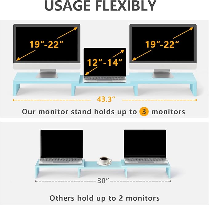 TAVR Dual Monitor Stand Riser, Wooden Computer Monitor Stand for 2 Monitors | Extra Long Multifunctional Desktop Organizer Riser for TV, PC Monitor, Laptop, Printer, Max 43.3" Length, Blue - Image 5