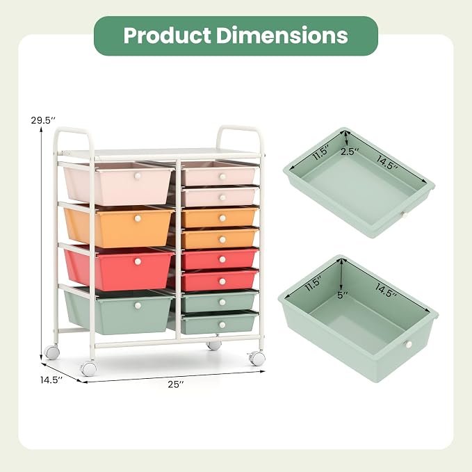 Giantex 12 Drawer Rolling Cart with Drawers, Storage Organizer Cart for Classroom Office School Teacher, Mobile Drawer Cart for Tools, Crafts, Small Printer, Macaron Multicolor - Image 3
