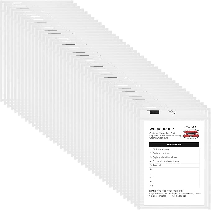 Nezyo Dry Erase Pockets Plastic Job Ticket Holders Shop Holder Order Pockets Clear Sleeves Tickets Folders Plastic Sleeves Paper Teacher Supplies for Classroom (12 x 9.5 in,White,50 Pcs) by Nezyo