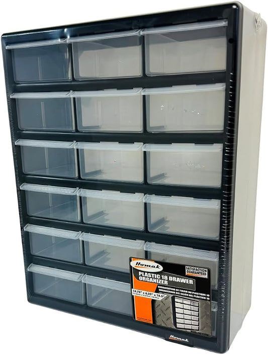 Homak 18-Drawer Parts Organizer, Black, Wall Mountable, Clear Plastic Drawers, HA01018001 by HMC+Holdings+LLC+-+Homak