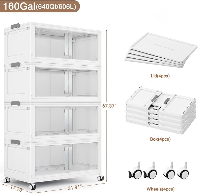 BROVIEW 640QT Stackable Storage Bins with Lids, 160Gal Extra Large Collapsible Storage Box with Wheel, Plastic Storages with Clear Door Open Front for Home Kitchen Garage, White-4pack(4 lids) - Image 2