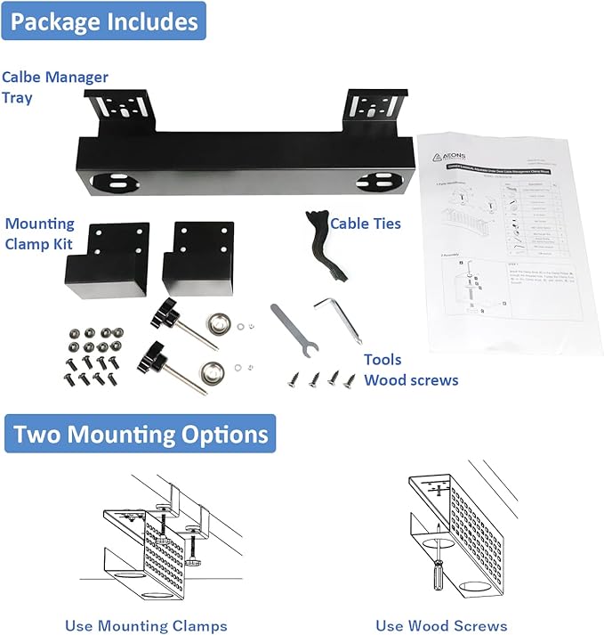 AEONS Under Desk Cable Management Tray Wire Cord Organizer Removable C Clamp Mount No Drill Computer Cord Raceway and Modesty Panel, Black, 16-inch - Image 3