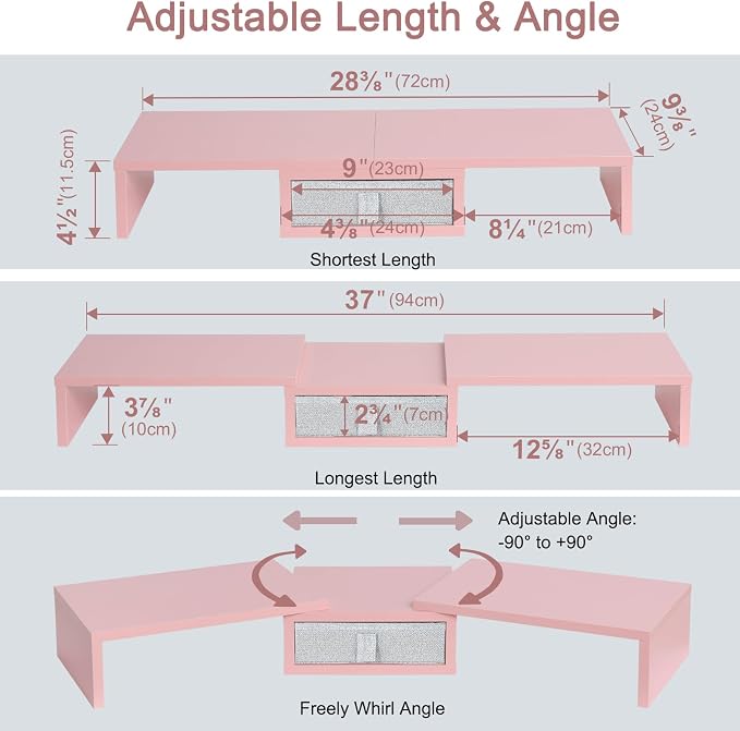 TEAMIX Pink Dual Monitor Stand Riser with Drawer - Length and Angle Adjustable Double Corner Desk Shelf Organizer 37 inch for 2 Laptop/PC/Screen/TV - Image 5
