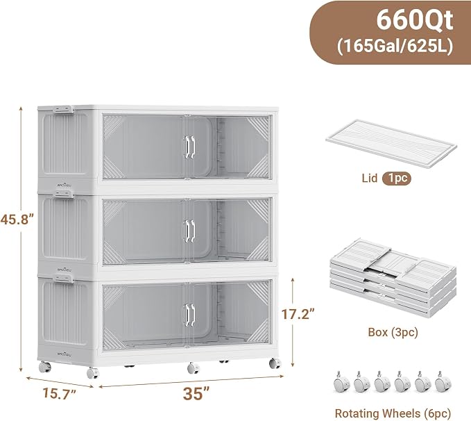 BROVIEW V60 660QT Plastic Stackable Storage Bins with Lid, 3Pack White | 165Gal Extra Large Closet Organizers Collapsible Cabinets Boxes With Drawer, Foldable Container with 6x Wheels for Home - Image 2