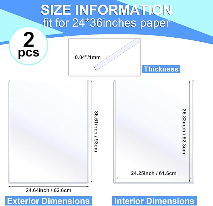 Sherr 2 Pcs Rigid Print Protectors Fit 24 x 36 Inch Poster Paper, Top Loading Page Protectors Plastic Poster Sleeves PVC Clear Sheet Holder to Display Photo Document Magazine Certificate - Image 2