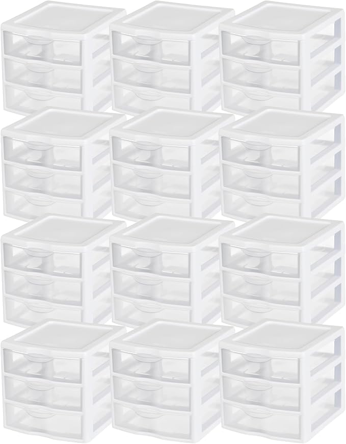 Sterilite Clearview 3-Drawer Cart Small Plastic Storage Organizer, 12-Pack | White - Organizing Drawers, Containers for Bathroom, Closet, Kitchen, and Bedroom by Sterilite
