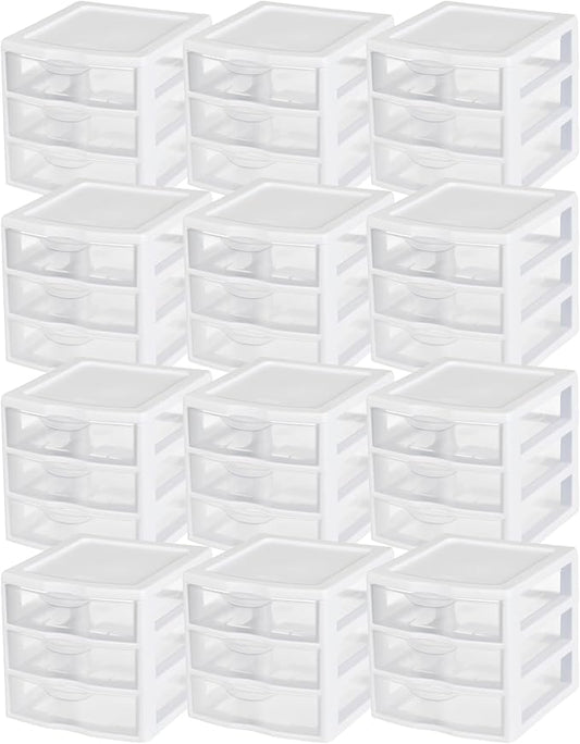 Sterilite Clearview 3-Drawer Cart Small Plastic Storage Organizer, 12-Pack | White - Organizing Drawers, Containers for Bathroom, Closet, Kitchen, and Bedroom by Sterilite
