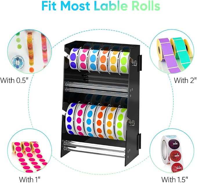 Adjustable Label Dispenser - 12 Disks Acrylic Sticker Roll Dispenser(Black) | Multi-Use Double-Layer Stable Sticker Roll Holder, Label Holder Sticker Holder Organizer, Desktop Label Stand for Home Office - Image 4