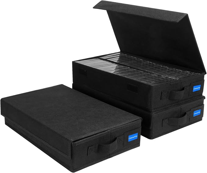 Cassette Tape Storage Box with Handles and Lid – Cassette Tape Holder and Organizer with External Label Slots, Stackable Cassette Storage Rack, 3Pack-Black by Unknown