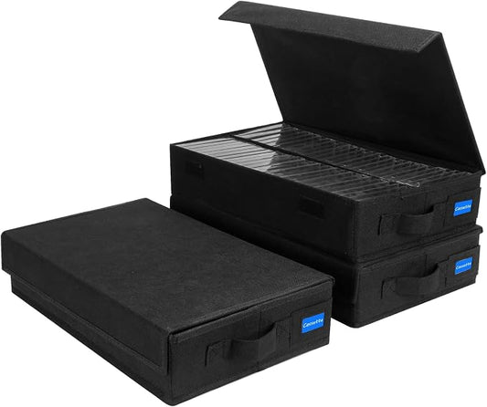 Cassette Tape Storage Box with Handles and Lid – Cassette Tape Holder and Organizer with External Label Slots, Stackable Cassette Storage Rack, 3Pack-Black by Unknown