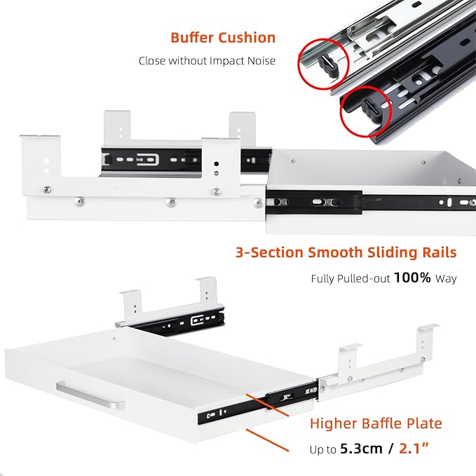 Under Desk Drawer Organizer 21", Large Desk Pencil Storage Drawer | White, Under Cabinet Table, Heavy Duty Pull Out Shelf, Attachable for Workbench, Adjustable Brackets, Work Shop, Desk Lip - Image 6