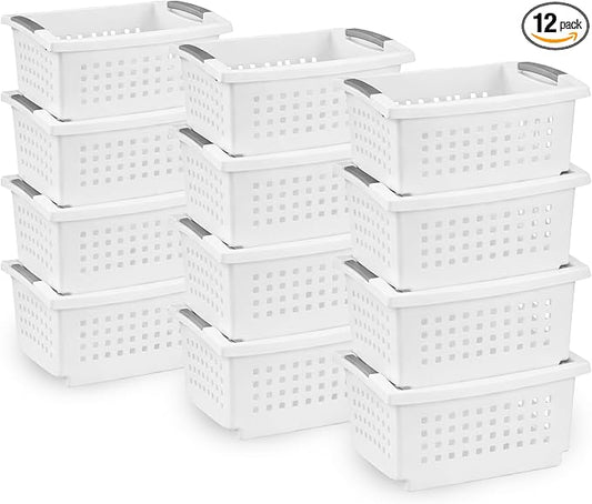 Sterilite 12 Pack Medium Stacking Basket, Open Top Storage Bin with Handles, White - Ideal for Home Closets, Kitchens, or Office Organization by Sterilite