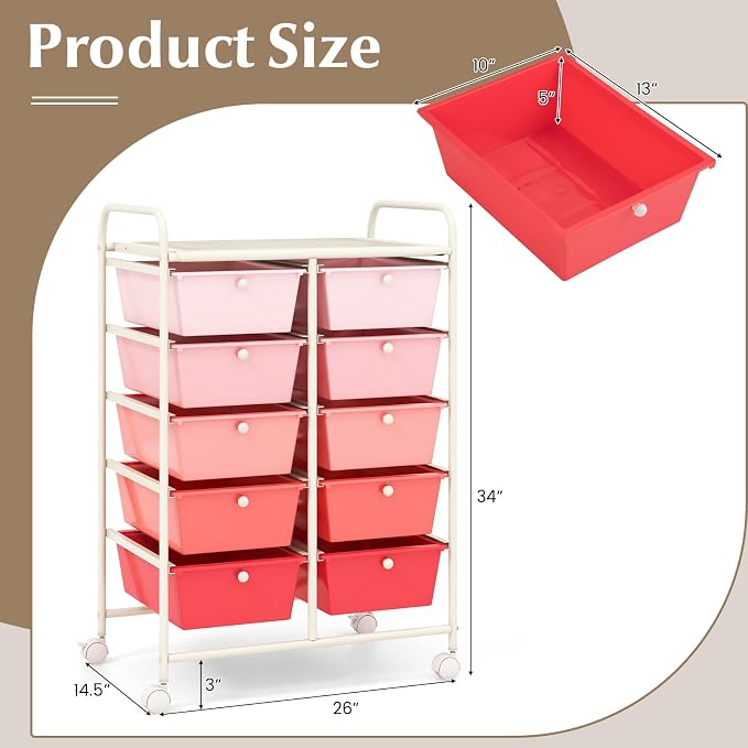 COSTWAY 10 Drawer Rolling Storage Cart, Utility Cart with Lockable Wheels | Mobile Art Supply Craft Organizer with Metal Frame, Multipurpose Drawer Cart for Paper for Office, School, Mixed Pink - Image 3