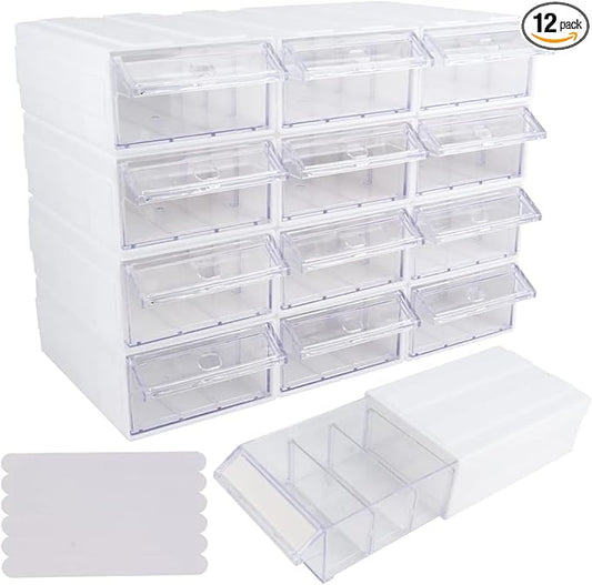12 Pcs Drawer Stackable Storage Cabinet, White Plastic Organizer with Drawers & 36 Pcs Clear Dividers Organizer Rack & 48 Pcs Tag Card & 24 Pcs Non-slip Stickers for Home Office School by SOEWIOU