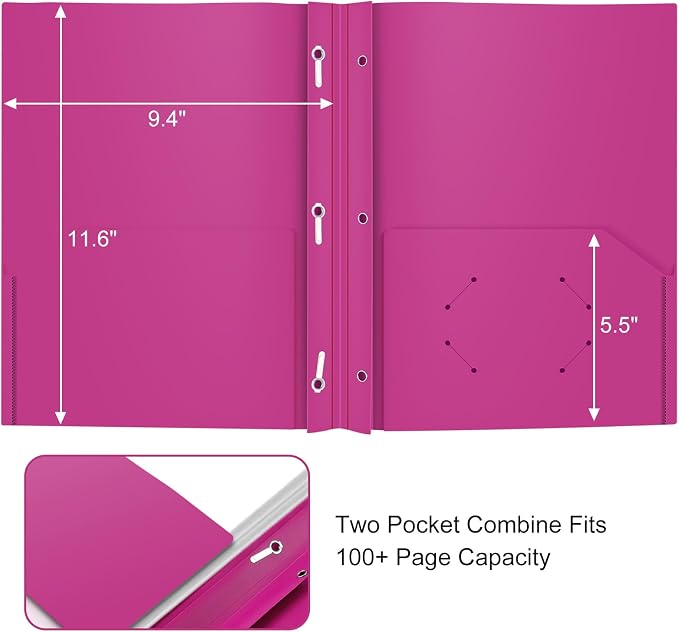 ViVin 12 Pack Plastic Folders with Pockets and Prongs, Heavy Duty 2 Pocket Folders with 3-Prong Fasteners, Poly File Holds 8-1/2" x 11" Paper for School Office Home (Purple) - Image 2