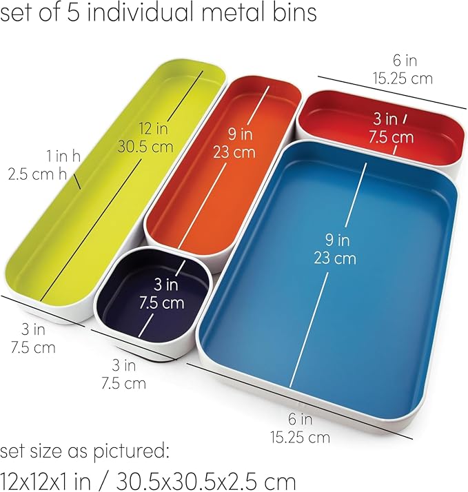 Three by Three Seattle Metal Drawer Organizer Tray Set, 5-Pc, 1" (Assorted) | Colorful 1" metal bins; food-safe; soft non-scratch base; kitchen, bathroom, vanity, desk & office drawers - Image 2