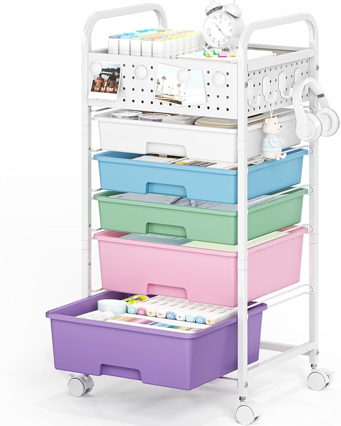 5 Drawer Rolling Storage Cart with Pegboard Top and Hooks, Ice Cream | Mobile Organizer Cart with Wheels for Office Supplies, Craft Storage, Classroom Organization, Home Utility Cart - Image 9