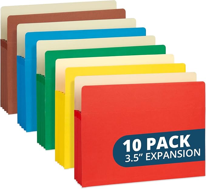 Blue Summit Supplies 10 Expanding File Pockets, Letter, 3.5", Assorted | 3.5 in expansion, assorted colors, accordion pockets, for documents, receipts, and file organization by BlueSummitSupplies