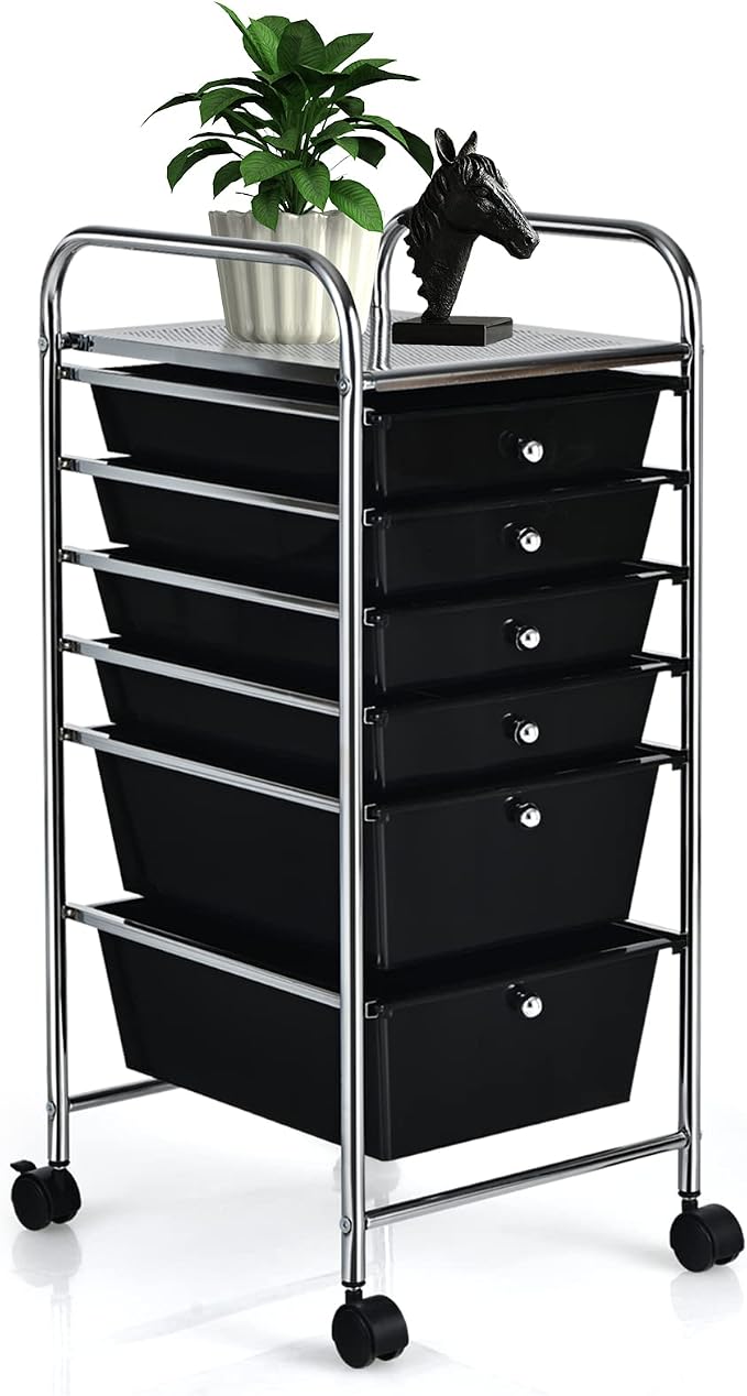 COSTWAY 6-Drawer Rolling Storage Cart, Art Craft Tools Organizer on Wheels | Multifunctional Heavy Duty Utility Mobile Storage Trolley w/ 2 Lockable Wheels for Home Office School (Black) by COSTWAY
