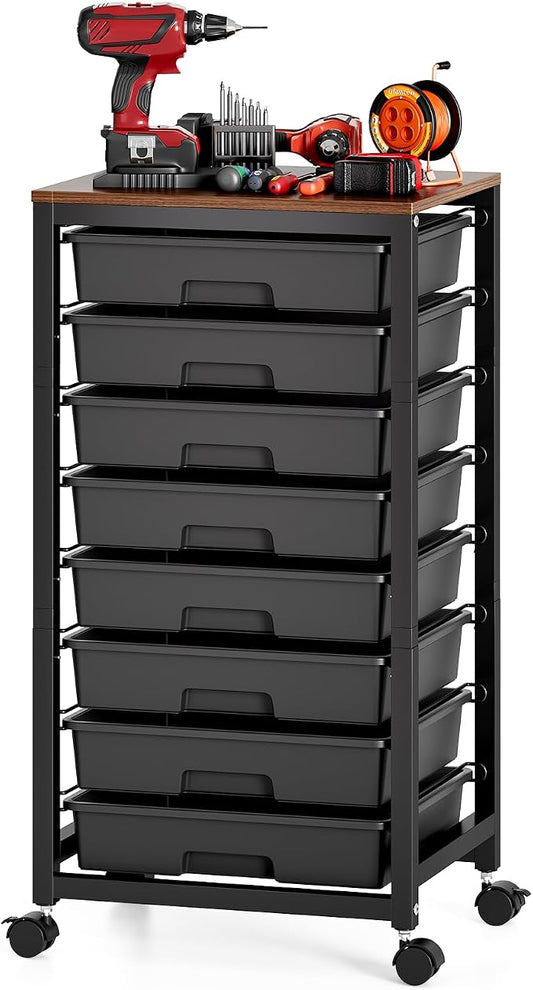 SYKIARIOL Rolling Storage Cart with Drawers, 8 Drawers Utility Cart,Black | Rolling Drawer Cart with Wooden Tabletop,Storage Drawer Cart for Living Room,Classroom,Bedroom,Dorm,Office by SYKIARIOL