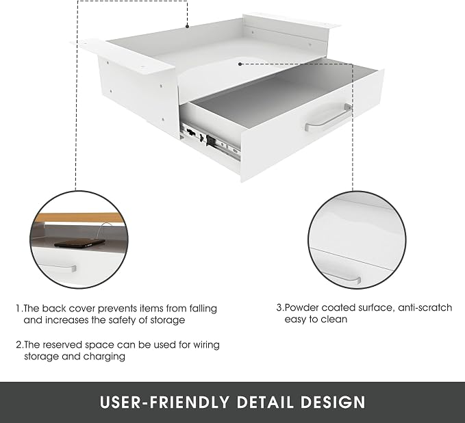 GOME White Under Desk Drawer Storage with Laptop/Book/Folders Shelf, Double Layer Easy Slide-Out Undermount Drawer Organizer with Ball Sliding Track for Home Office Sit-Stand Workstation - Image 5