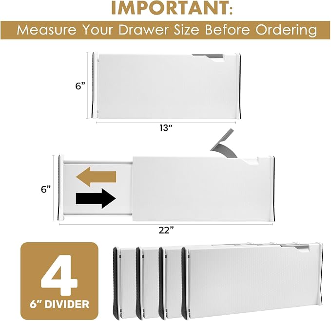RAPTUROUS Adjustable Deep Drawer Divider – 6" Tall, Expandable 13-22", 4-Pack, Non-Slip Drawer Dividers for Clothes, Dresser, Kitchen & Office Organization (White) - Image 2
