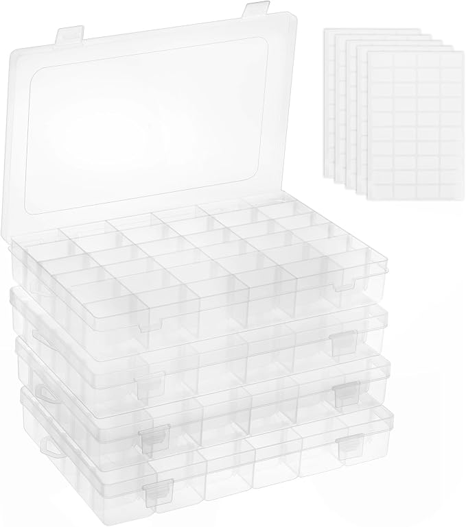 Bead Organizer Storage 4 Pack 36 Grid Jewelry Tackle Craft Box Adjustable | Clear Plastic, Adjustable Dividers, Label Stickers Included, for Beads Jewelry Crafts Fishing Tackle and Small Parts by Outuxed