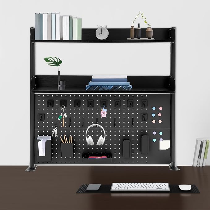 Clamp-On Pegboard Desk Organizer, 2-Tier Clamp On Desk Shelf with Hooks, Office Accessory Organizer for Books, Office Supplies & DIY Storage, 16.5lbs Capacity, 39.37" x 37.4", Black - Image 4