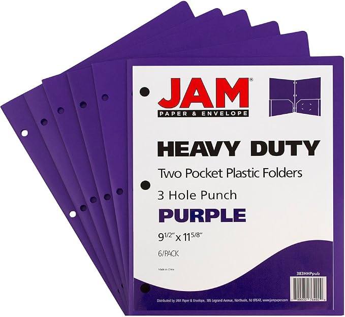 JAM PAPER Heavy Duty Plastic 3 Hole Punch Pocket Folders - Extra Tough School Folders - Purple - 6/Pack - Image 2