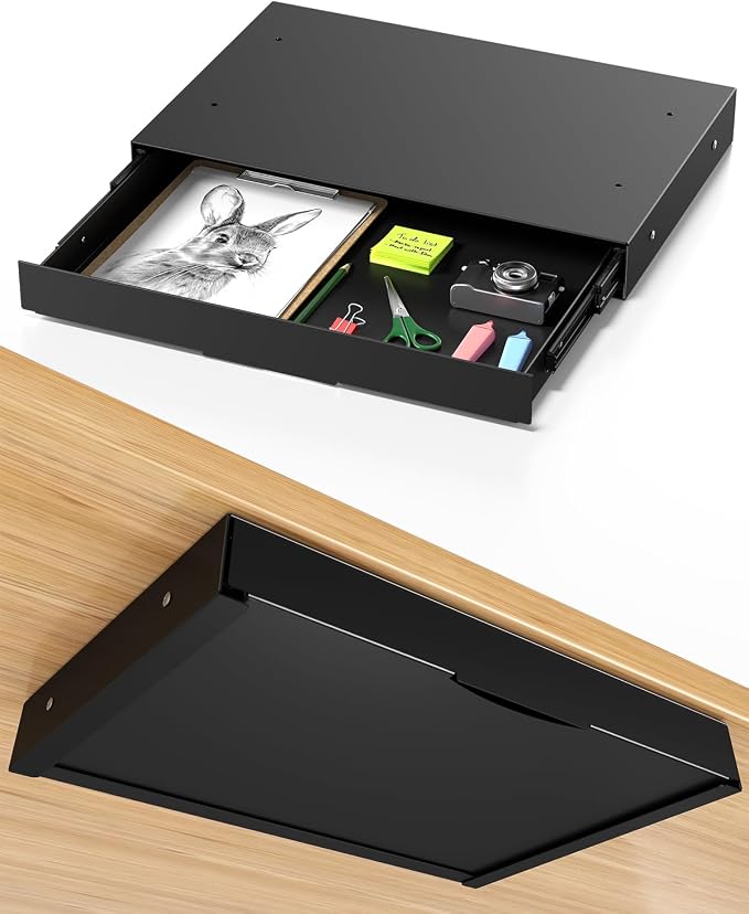 Under Desk Storage Drawer, 14.8" Wide Slide Out Under Desk Drawer | Max Load 17.6 Lbs, Quiet Glide, for Standing Desks & Home Offices, Heavy Duty Steel, Black by PUTILSENMOUNT